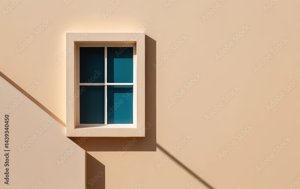 Poster a modern building features a striking window with vibrant blue glass, reflecting sunlight and adding