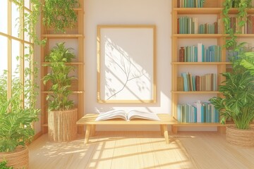 Serene reading nook with bookshelves, plants, and sunlight