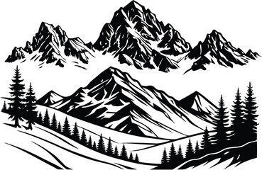 Black and white vector illustration of mountain range with pine trees in the foreground