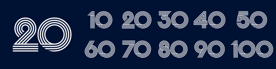 collection anniversary 10 to 100 year logo designs. abstract number for celebration event, wedding, greeting card, and invitation, vector illustration