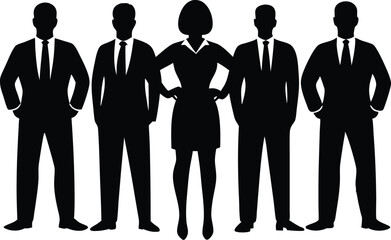 Silhouette illustration of a woman in a dress surrounded by four men in suits and ties