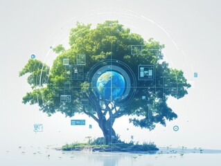 Lush tree on island, globe at center, digital interface overlays