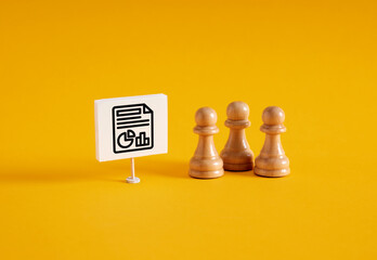 Chess pawns near a banner with business performance graph report presentation.
