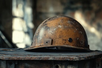 Dusty mining helmet resting on a weathered metal surface.