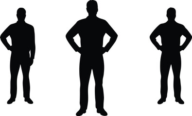 Three silhouettes of men standing with hands on hips in a symmetrical arrangement
