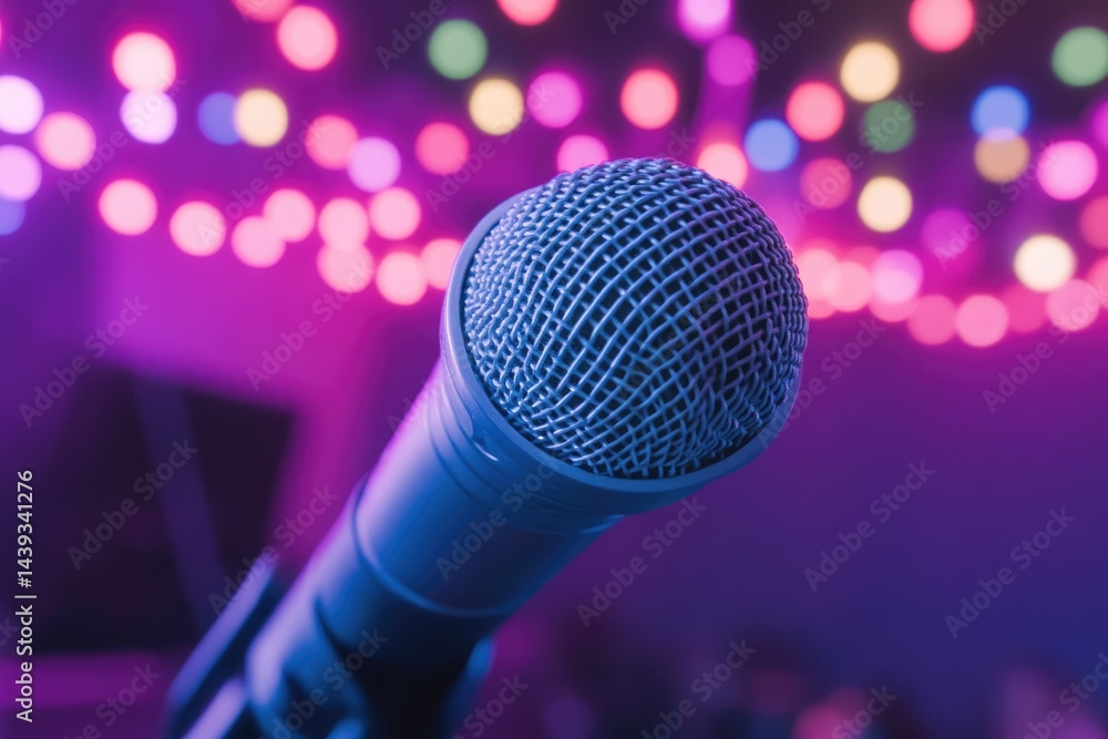 Poster close-up of a microphone against a backdrop of colorful bokeh lights, suggesting a lively performanc