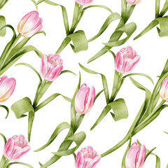 Tulip seamless pattern, watercolor drawing on white background. Ideal for fabric design, wallpapers, spring stationery, gift wrapping, greeting cards, and floral-themed decor.