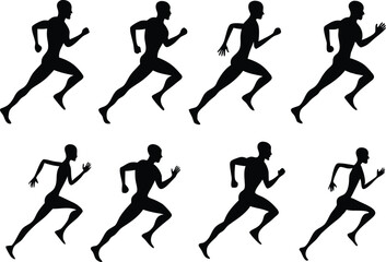 Eight black silhouettes of running men in a pattern against a plain white background image