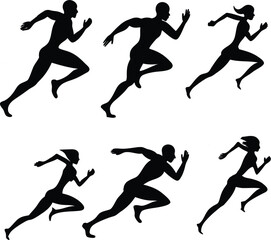 Silhouette illustration of six runners in motion on a white background running athletes