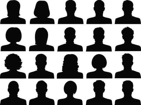 A collection of twenty silhouettes of people's heads and shoulders in black and white