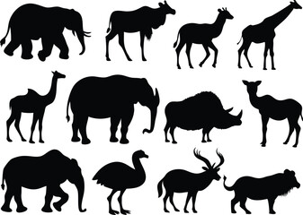 Silhouette illustration featuring a diverse collection of african animals shown together