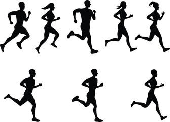 Silhouettes of people running in a group on a white background fitness and exercise theme