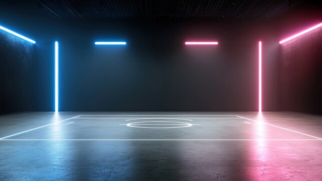 Abstract Neon Lit Basketball Court in Dark Industrial Interior basketball court neon lights abstract