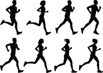 Black silhouettes of people running in a pattern on a white background, fitness concept