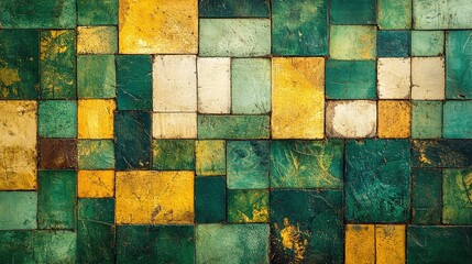 Vibrant geometric farmland patterns from an aerial perspective, lush green and yellow crops form an abstract natural composition, showing the agricultural landscape and colorful fields.