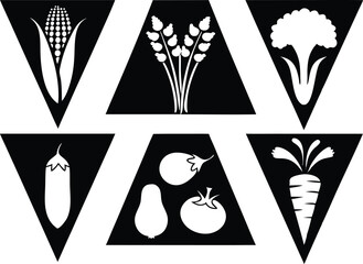Black triangles featuring white silhouettes of various vegetables and grains crops