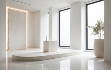 A spacious interior featuring a large, gleaming white marble floor, showcasing intricate veining patterns that reflect light beautifully.