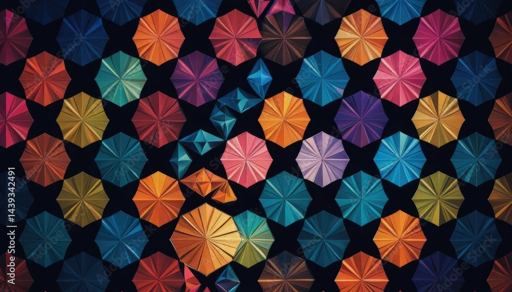 Poster a vibrant and intricate geometric pattern background featuring a kaleidoscope of colors, including b