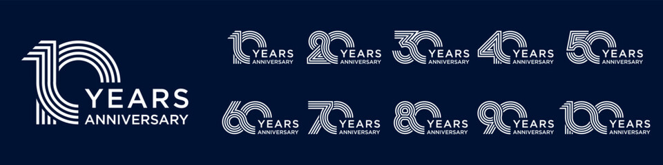 collection anniversary 10 to 100 year logo designs. abstract number for celebration event, wedding, greeting card, and invitation, vector illustration