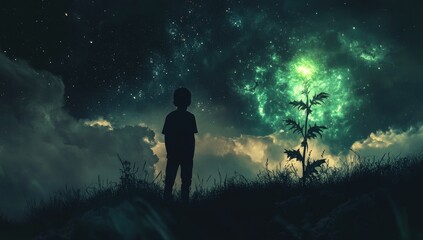 Fototapeta premium Child gazing at luminous flower in starry night