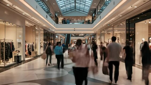 Timelapse video of a modern shopping mall with glass ceiling and busy shoppers