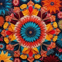 A vibrant array of flowers in various hues, including reds, yellows, and blues, intricately arranged against a deep black background, creating a striking contrast.