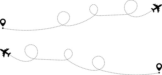 Airplane routes. Travel icon. Travel from start point and dotted line tracing.