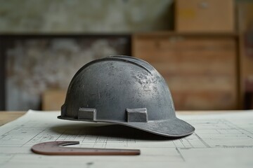 Gray hardhat resting on blueprint papers.