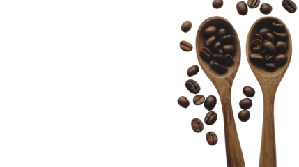 Aromatic coffee beans nestled in rustic wooden spoons against a transparent canvas, awaiting brewing