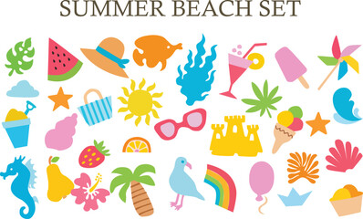 Naklejka premium Beach summer icons. Sea vector element. Vacation illustration set. Beach and sea summer vacation sticker set. Cute holiday icon. Pastel chalk doodle fruit sun watermelon tropical cocktail hat shell