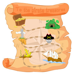 Obraz premium Map-game on the ancient scroll how to get on a sailboat to the dungeon to the pirate treasures