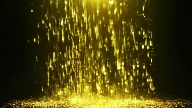 Falling Gold Particles Flicker And Shimmer Against A Black Background