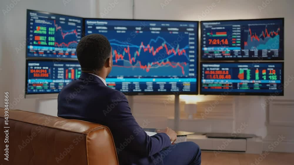 Poster a businessman in a suit analyzes financial data and stock charts displayed on multiple large screens