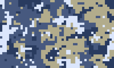 Abstract digital camouflage pattern in cool tones of blue, beige, and white. Ideal for backgrounds, textile designs, or militarythemed projects.