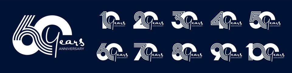 collection anniversary 10 to 100 year logo designs. abstract number for celebration event, wedding, greeting card, and invitation, vector illustration