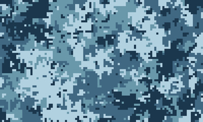 Abstract digital camouflage pattern.  Seamless pixelated texture in cool blue tones, ideal for backgrounds, textiles, or militarythemed designs.