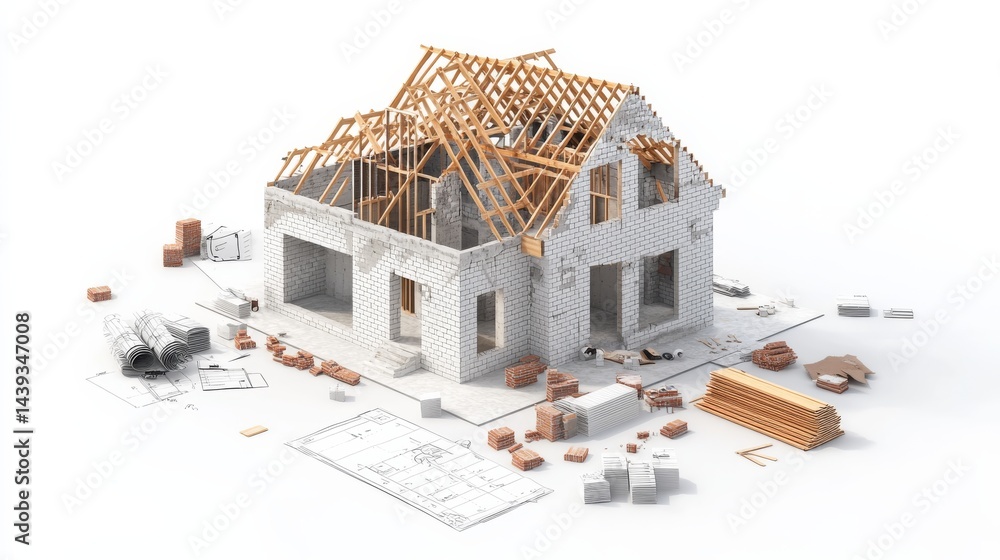 Poster 3d rendering of a house under construction, with building materials and blueprints on a white backgr