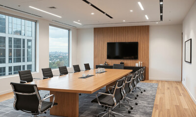 Modern conference room with a long rectangular wood and glass table, minimalist chairs, and ample space for collaboration. Integrated lighting above the table