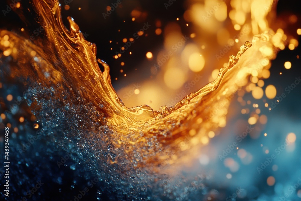 Poster golden liquid splashes with light bokeh, dark gradient background. use for abstract concepts of powe