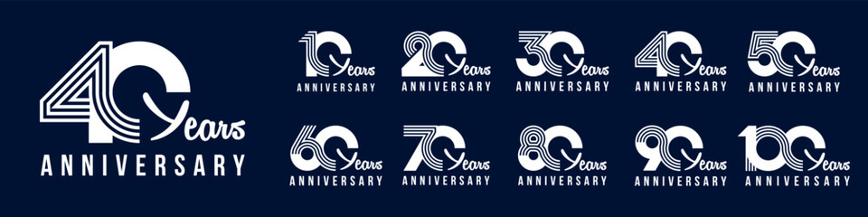 collection anniversary 10 to 100 year logo designs. abstract number for celebration event, wedding, greeting card, and invitation, vector illustration