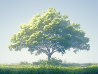 Obraz premium Serene Tree with Misty Dawn, and Meadow.