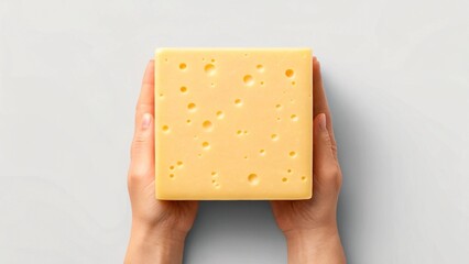 Hands holding a block of Swiss cheese showing its holes and texture against a light gray background