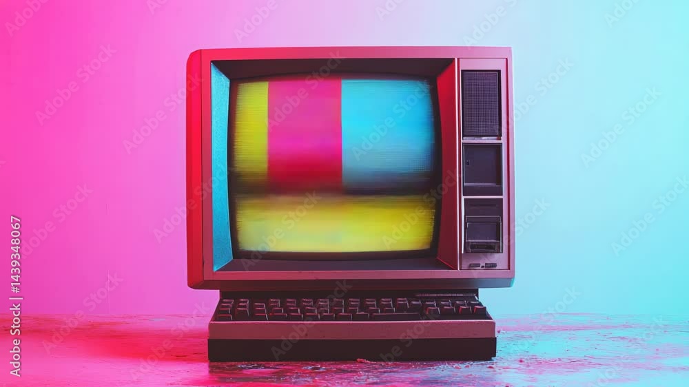 Aufkleber an 80s style computer sits in front of a colorful backdrop, blending retro aesthetics with modern de