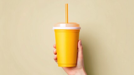 Hand holding a vibrant yellow disposable cup with a straw perfect for summer drinks and refreshment