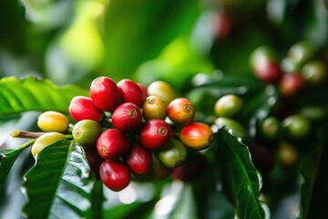 Obraz premium Ripe cherry coffee beans on verdant branches ready for harvest, highlighting nature's abundance in vivid hues; ideal for coffee aficionados and industry professionals