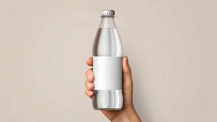 Hand Holding Glass Water Bottle with Blank Label Mockup Perfect for Branding and Product Design