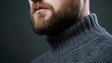 Obraz premium Close-up of man's beard and turtleneck sweater against dark background