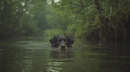 strong Portuguese Water Dog swimming in river