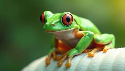 Obraz premium Green tree frog perched on white, vibrant skin, high resolution, illustration