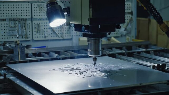 A CNC machine precisely cutting an intricate floral pattern into a sheet of metal under bright workshop lighting.